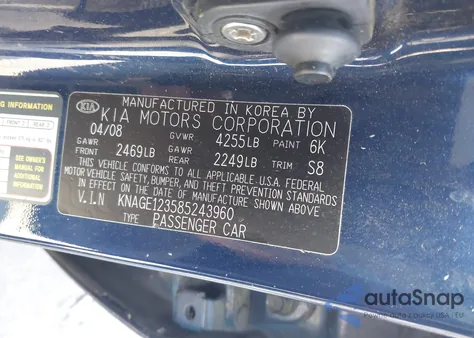 2008 Kia Optima Lx from USA, damaged, VIN KNAGE123585243960
